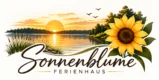 Logo Ferienhaus Sonnenblume: Sonnenblume vor einem See im Sonnenuntergang