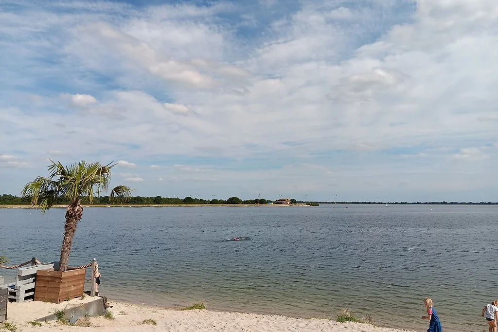 Weiter Blick über den Speichersee mit Sandstrand und Palme im Vordergrund